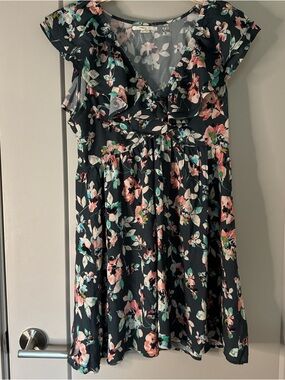O'Neill Black Floral Midi Dress with Pink & Mint Accents